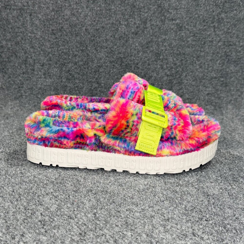 UGG Fluffita Pixelate Slide‎ Sandals Women's Size 8 Rainbow Multi-Color Slip On